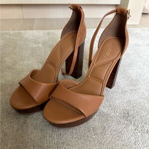 ALDO Cognac Leather Platform Block Heel Sandals